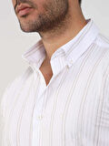 Dufy Bej Erkek Slim Fit Çizgili Düğmeli Yaka Uzun Kol Gömlek - 104890