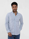 Dufy Mavi Erkek Slim Fit Çizgili Düğmeli Yaka Uzun Kol Gömlek - 104900