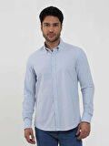 Dufy Mavi Erkek Slim Fit Çizgili Düğmeli Yaka Uzun Kol Gömlek - 104900