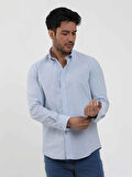 Dufy Mavi Erkek Slim Fit Çizgili Düğmeli Yaka Uzun Kol Gömlek - 104900