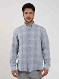 Dufy Mavi Erkek Regular Fit Kareli Düğmeli Yaka Uzun Kol Keten Gömlek - 104905