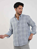 Dufy Mavi Erkek Regular Fit Kareli Düğmeli Yaka Uzun Kol Keten Gömlek - 104905