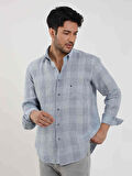 Dufy Mavi Erkek Regular Fit Kareli Düğmeli Yaka Uzun Kol Keten Gömlek - 104905