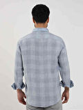 Dufy Mavi Erkek Regular Fit Kareli Düğmeli Yaka Uzun Kol Keten Gömlek - 104905