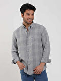 Dufy Gri Erkek Regular Fit Kareli Düğmeli Yaka Uzun Kol Keten Gömlek - 104910