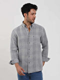 Dufy Gri Erkek Regular Fit Kareli Düğmeli Yaka Uzun Kol Keten Gömlek - 104910