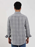 Dufy Gri Erkek Regular Fit Kareli Düğmeli Yaka Uzun Kol Keten Gömlek - 104910
