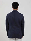 Dufy Lacivert Erkek Regular Fit Çizgili Sivri Yaka Keten Ceket - 104439