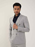 Dufy Gri Erkek Slim Fit Çizgili Kruvaze Yaka Takım Elbise - 104422