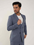 Dufy Mavi Erkek Slim Fit Çizgili Kruvaze Yaka Takım Elbise - 104426