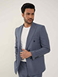 Dufy Mavi Erkek Slim Fit Çizgili Kruvaze Yaka Takım Elbise - 104426