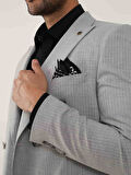 Dufy Gri Erkek Slim Fit Çizgili Kruvaze Yaka Takım Elbise - 104427