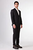 Siyah Düz Renk Yünlü Slim Fit Erkek Takım Elbise 
