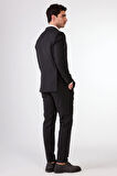 Siyah Düz Renk Yünlü Slim Fit Erkek Takım Elbise 