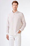 Bej Keten Düz Uzun Kol Regular Fit Erkek Gömlek 