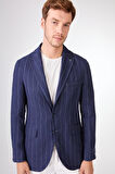 Lacivert Erkek Regular Fit Çizgili Sivri Yaka Keten Ceket 
