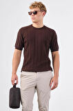 Kahve Çizgili Desen Kısa Kol Slim Fit Erkek Triko