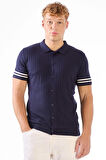 Lacivert  Polo Düğmeli  Fitilli Kısa Kollu Slim Fit Erkek Triko