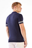 Lacivert  Polo Düğmeli  Fitilli Kısa Kollu Slim Fit Erkek Triko