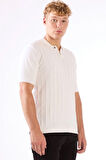 Beyaz Polo Düğmeli Kısa Kollu Düz Renk Fitilli Slim Fit Erkek Triko