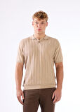 Bej Polo Düğmeli Kısa Kollu Düz Renk Fitilli Slim Fit Erkek Triko