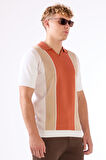 Kiremit Polo V Yaka Blok Desen Kısa Kollu Slim Fit  Erkek Triko