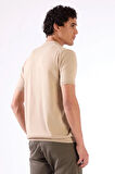 Bej Polo Fermuar Yaka Düz Kısa Kollu Slim Fit  Erkek Triko