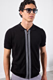 Siyah Polo Fermuar Yaka Düz Kısa Kollu Slim Fit  Erkek Triko