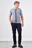 Gri Polo Fermuar Yaka Düz Kısa Kollu Slim Fit  Erkek Triko