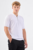 Beyaz Fermuarlı Polo Yaka Kısa Kollu Örgü Slim Fit Erkek Triko