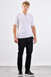 Beyaz Fermuarlı Polo Yaka Kısa Kollu Örgü Slim Fit Erkek Triko