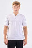 Beyaz Fermuarlı Polo Yaka Kısa Kollu Örgü Slim Fit Erkek Triko