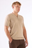 Bej Fermuarlı Polo Yaka Kısa Kollu Örgü Slim Fit Erkek Triko