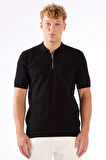 Siyah Fermuarlı Polo Yaka Kısa Kollu Örgü Slim Fit Erkek Triko