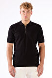 Siyah Fermuarlı Polo Yaka Kısa Kollu Örgü Slim Fit Erkek Triko