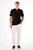 Siyah Fermuarlı Polo Yaka Kısa Kollu Örgü Slim Fit Erkek Triko