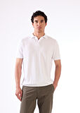 Beyaz Polo Düğme Yaka Düz Renk Slim Fit Erkek Triko