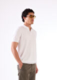 Beyaz Polo Düğme Yaka Düz Renk Slim Fit Erkek Triko