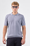 Gri Polo Düğme Yaka Düz Renk Slim Fit Erkek Triko