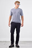 Gri Polo Düğme Yaka Düz Renk Slim Fit Erkek Triko