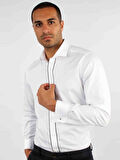 Dufy Beyaz Erkek Slim Fit Düz Paul Yaka Duble Manşetli Kol Gömlek - 33415