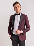 Dufy Bordo Erkek Modern Fit Çizgili Mono Yaka Smokin Takım - 61321