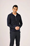Dufy Lacivert Erkek Slim Fit Düz Fermuarlı Kapüşonlu Sweatshirt - 78471