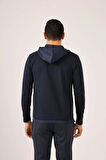 Dufy Lacivert Erkek Slim Fit Düz Fermuarlı Kapüşonlu Sweatshirt - 78471