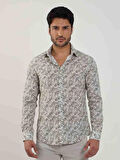 Dufy Haki Erkek Slim Fit Yaprak Desenli Brent Yaka Uzun Kol Gömlek - 81579
