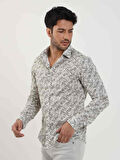 Dufy Haki Erkek Slim Fit Yaprak Desenli Brent Yaka Uzun Kol Gömlek - 81579