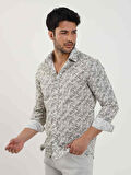 Dufy Haki Erkek Slim Fit Yaprak Desenli Brent Yaka Uzun Kol Gömlek - 81579