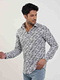 Dufy Lacivert Erkek Slim Fit Yaprak Desenli Brent Yaka Uzun Kol Gömlek - 81584