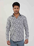 Dufy Lacivert Erkek Slim Fit Yaprak Desenli Brent Yaka Uzun Kol Gömlek - 81584