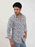 Dufy Lacivert Erkek Slim Fit Yaprak Desenli Brent Yaka Uzun Kol Gömlek - 81584
